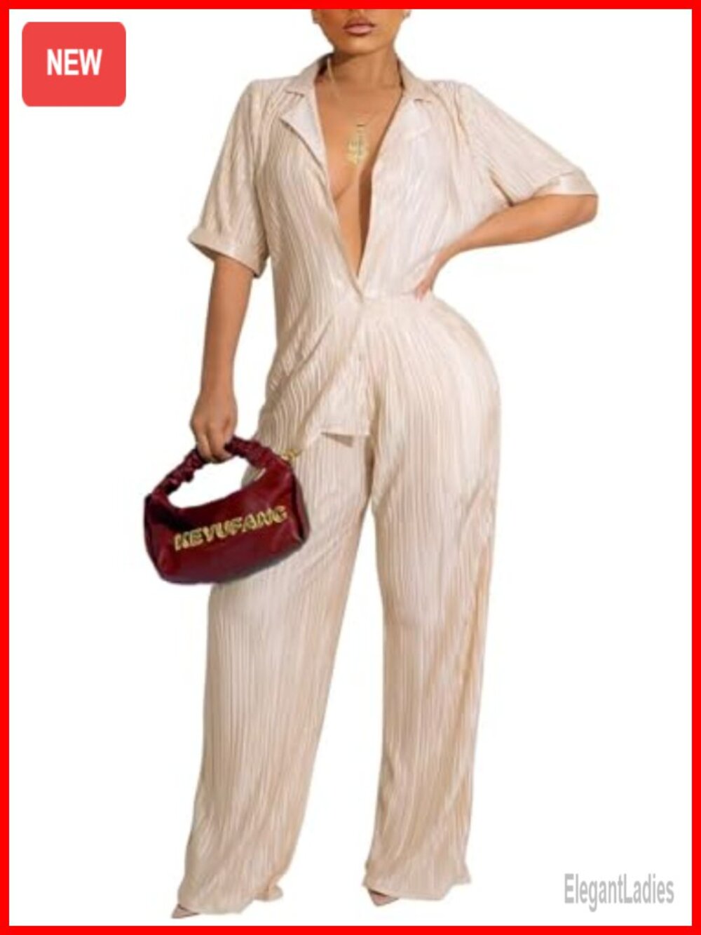 Women's Pleated 2 Piece Outfit Short Sleeve Button Down Shirt Wide Leg Pants Set